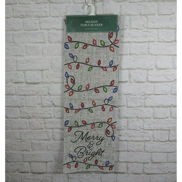 New Holiday Table Runner Christmas Lights Bulbs Merry & Bright Gray Multi Color - Picture 2 of 10